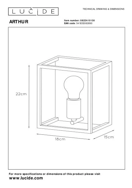 Lucide ARTHUR - Wall light - 1xE27 - Black - technical